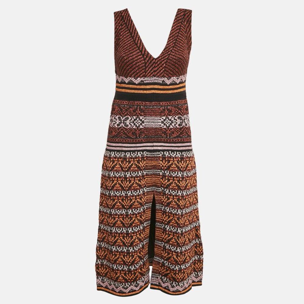 M Missoni Black/orange Patterned Lurex Knit V-Neck Midi Dress M